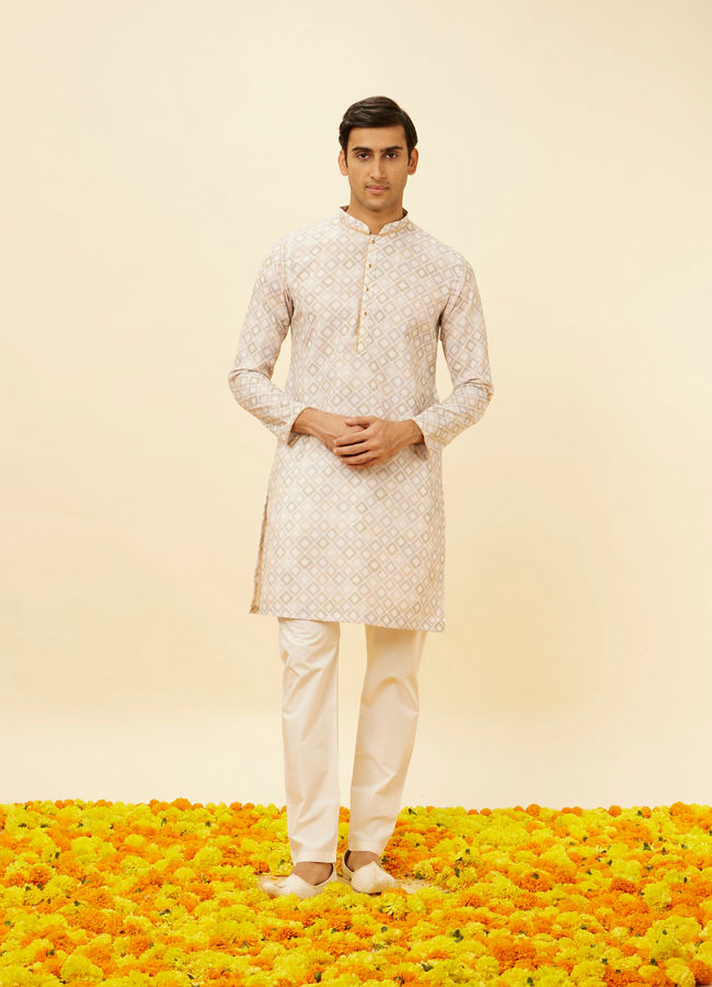 Manyavar Men Antique White Diamond Printed Kurta Set