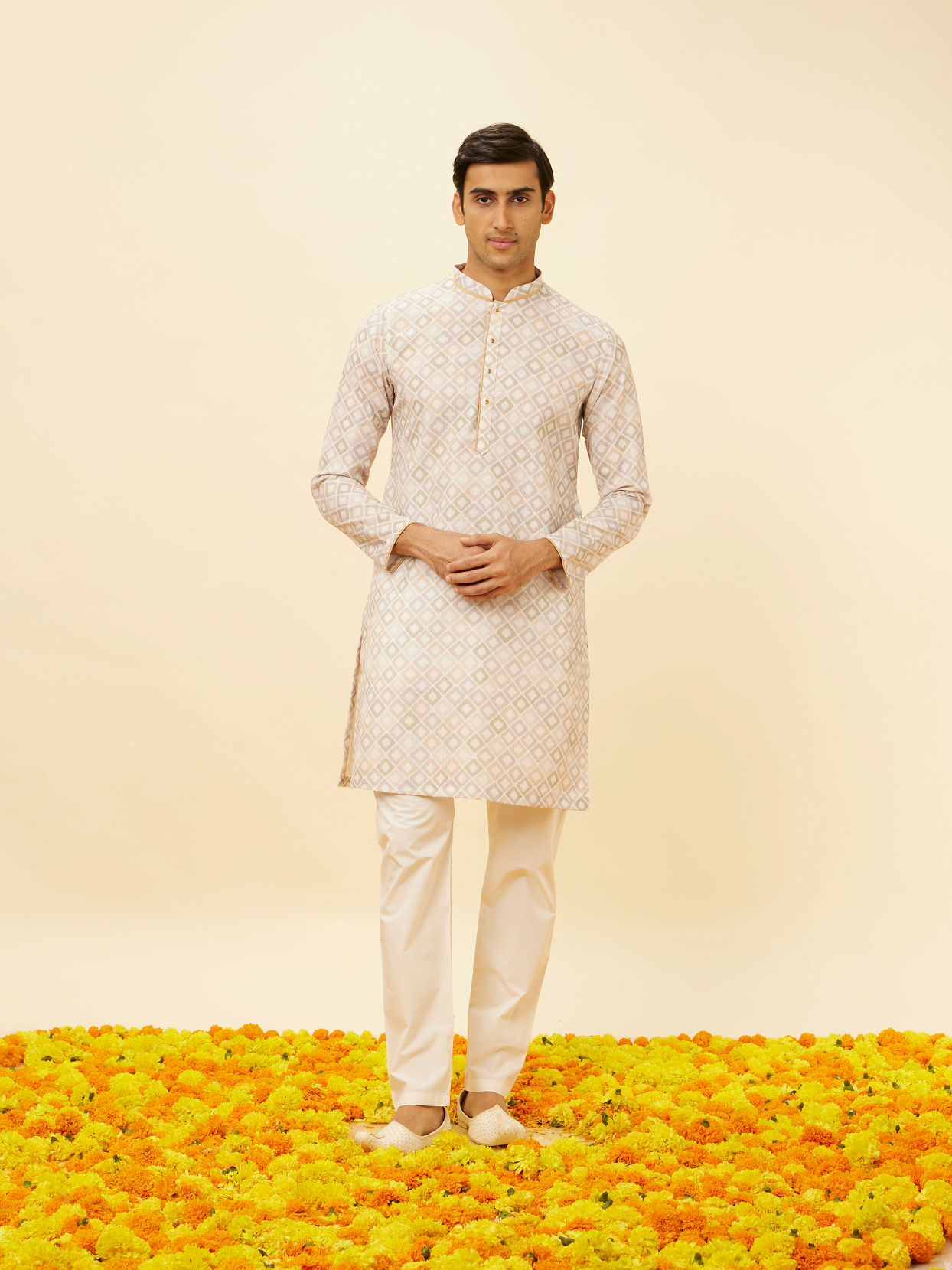 Manyavar Men Antique White Diamond Printed Kurta Set