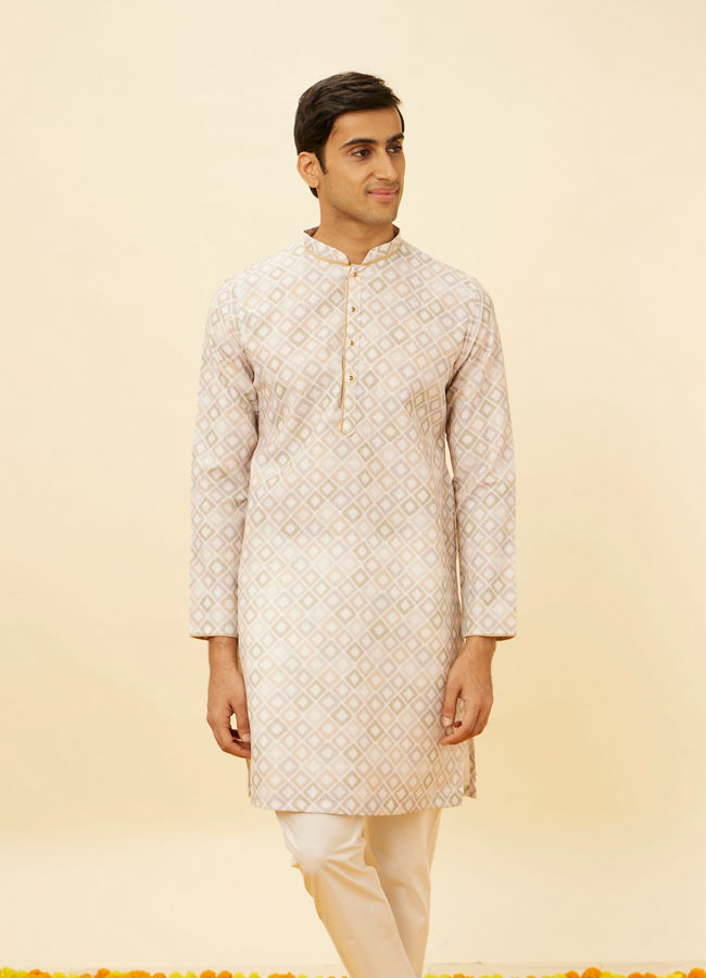 Manyavar Men Antique White Diamond Printed Kurta Set