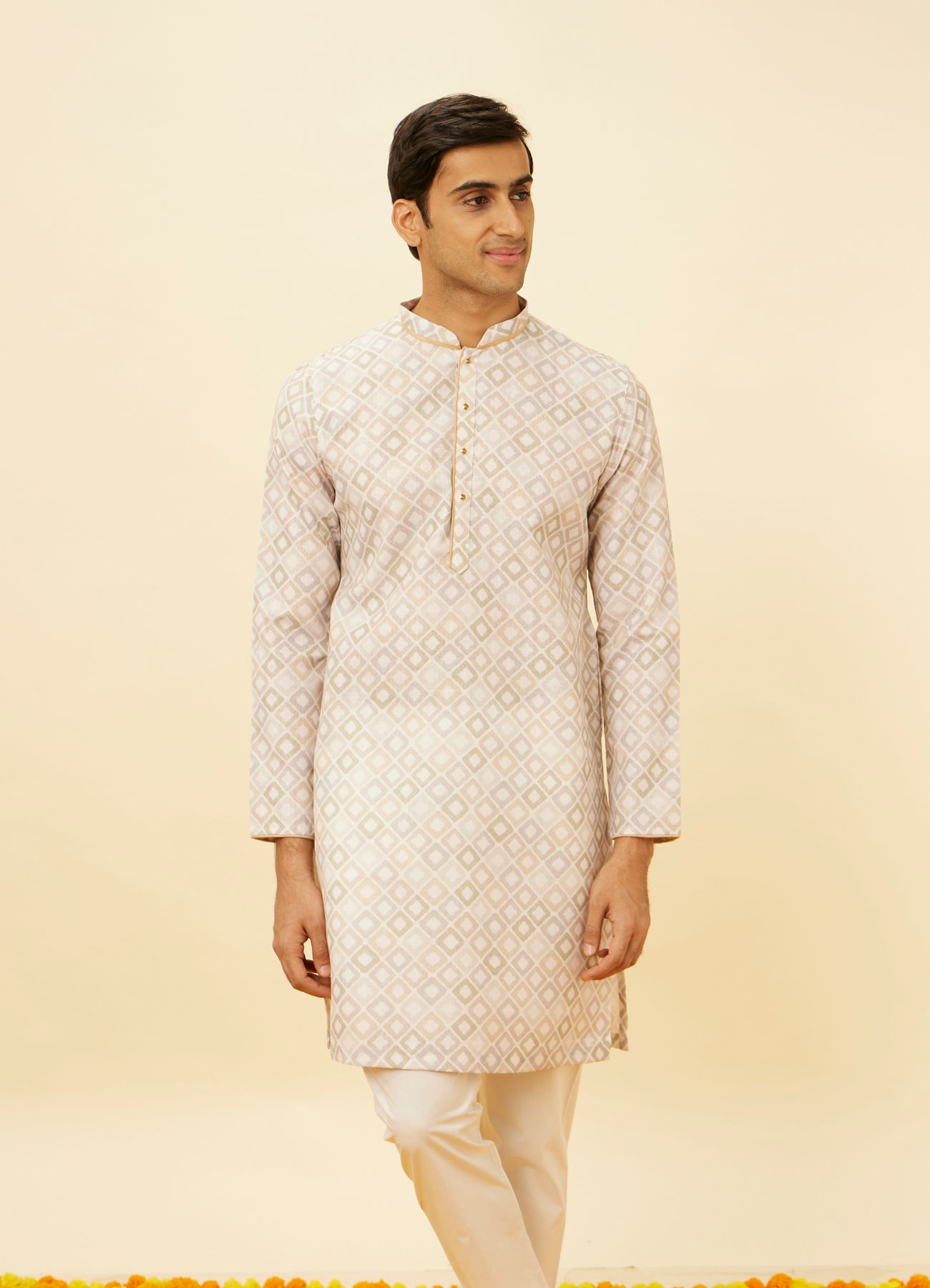 Manyavar Men Antique White Diamond Printed Kurta Set