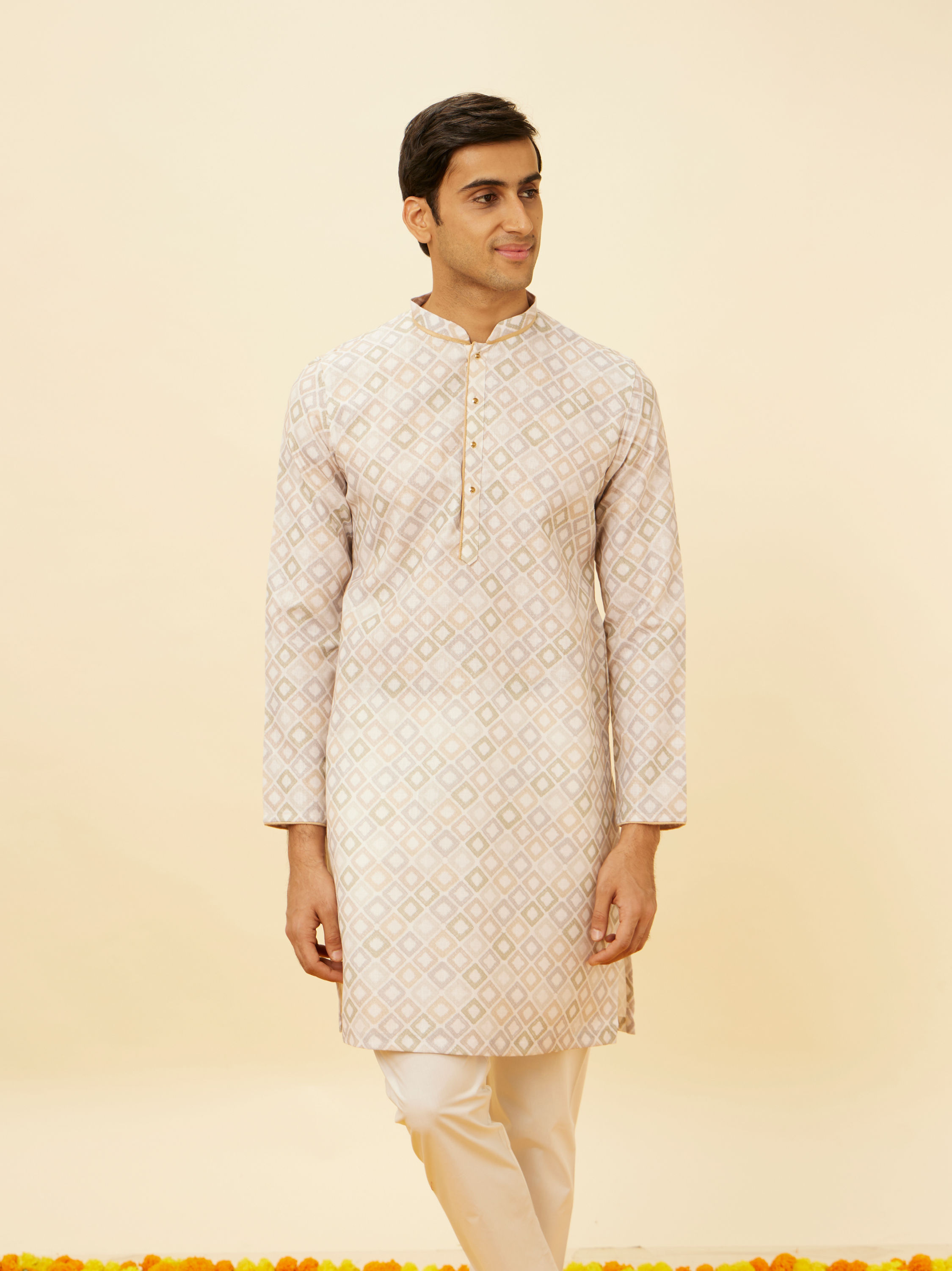 Manyavar Men Antique White Diamond Printed Kurta Set