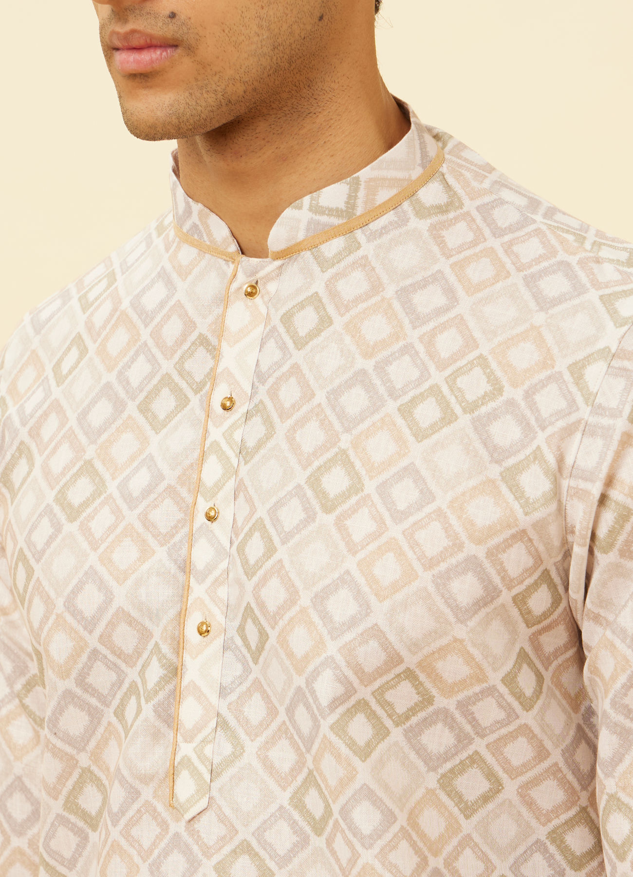 Manyavar Men Antique White Diamond Printed Kurta Set