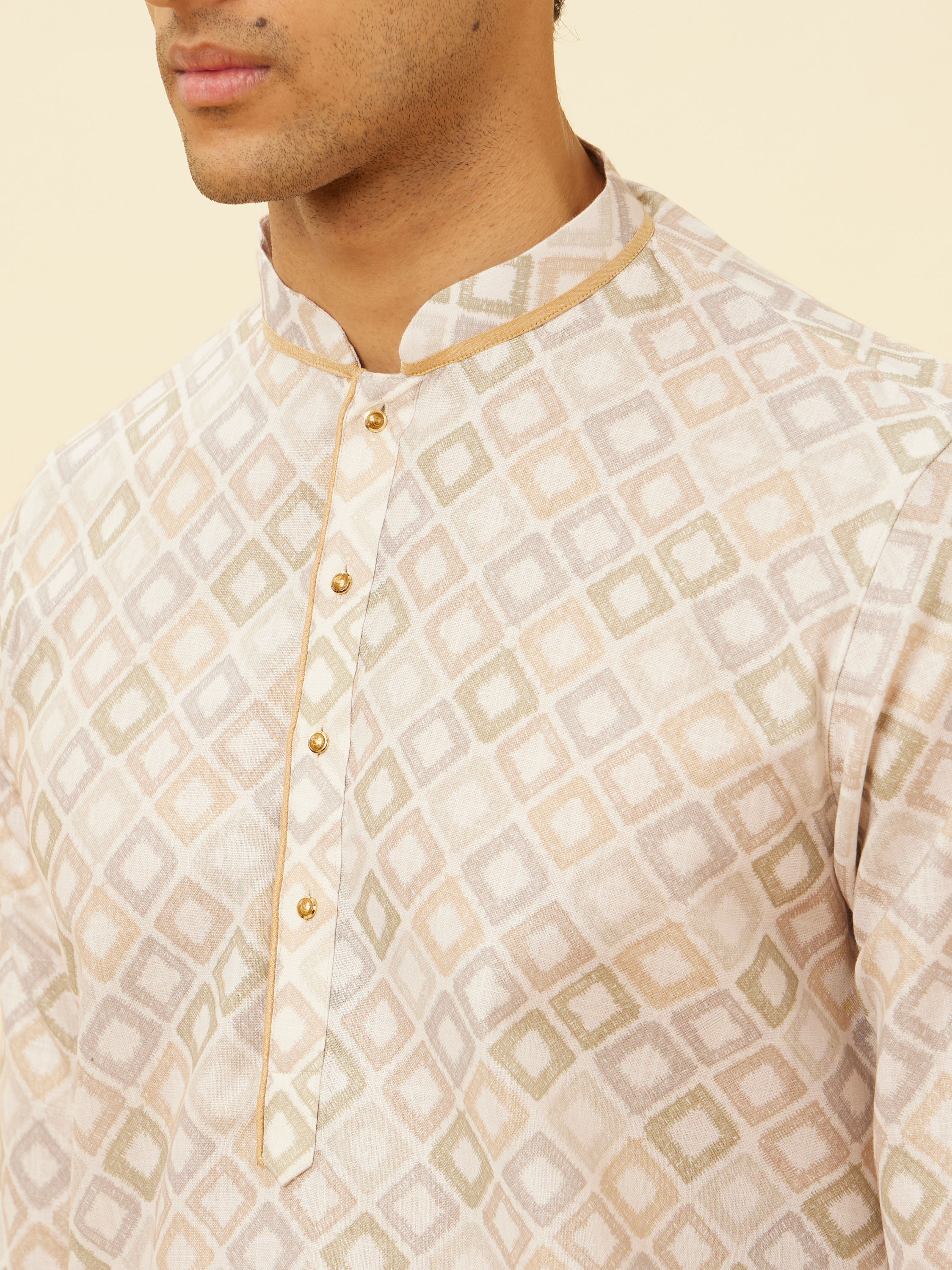 Manyavar Men Antique White Diamond Printed Kurta Set