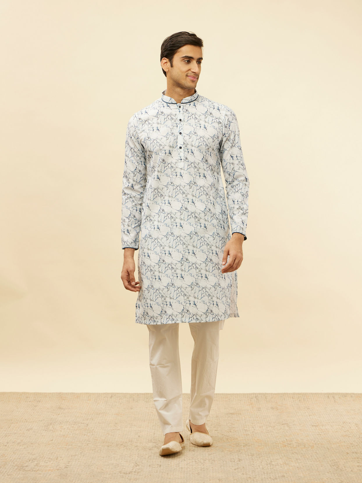 Manyavar Men Daisy White Marble Print Kurta Set