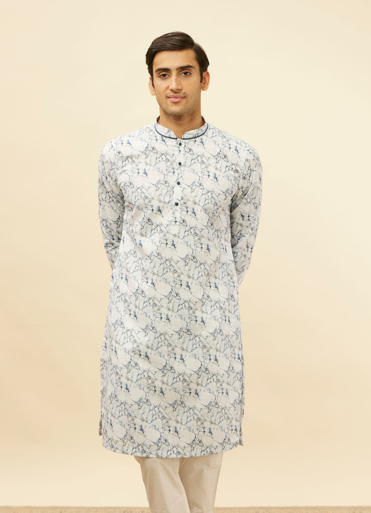Manyavar Men Daisy White Marble Print Kurta Set