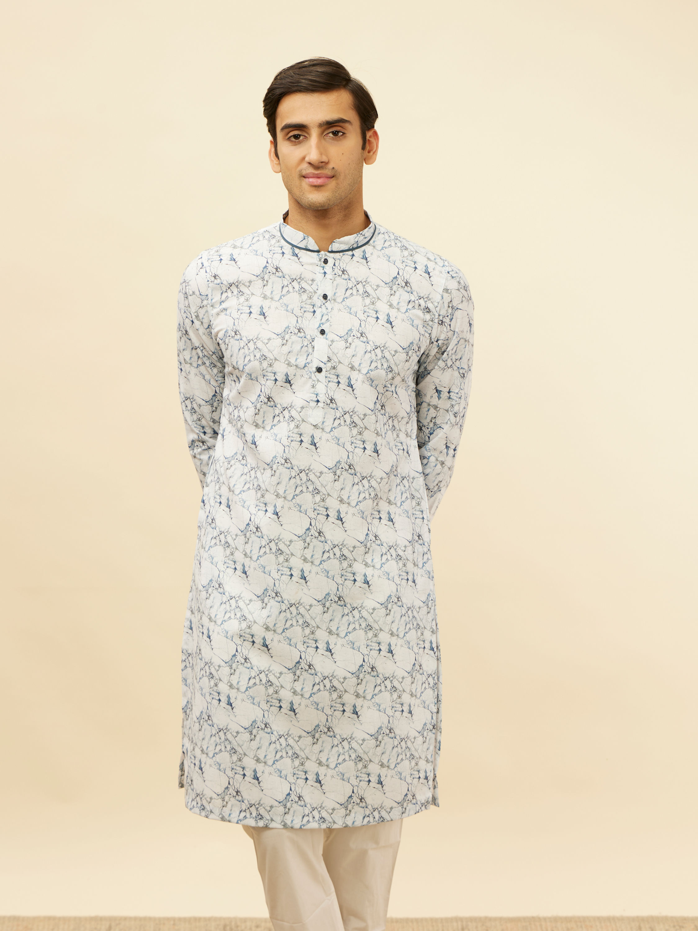Manyavar Men Daisy White Marble Print Kurta Set