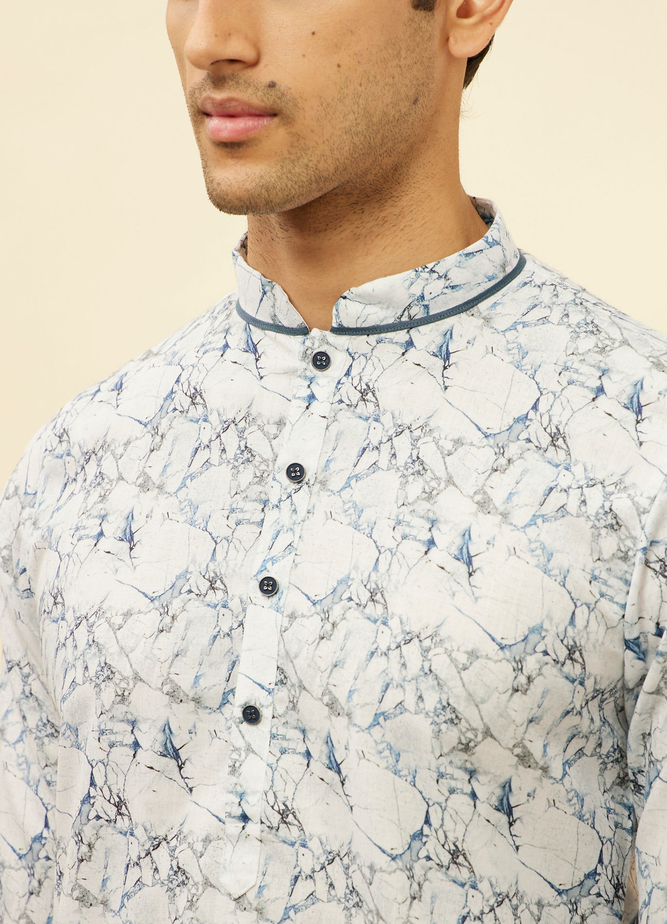 Manyavar Men Daisy White Marble Print Kurta Set