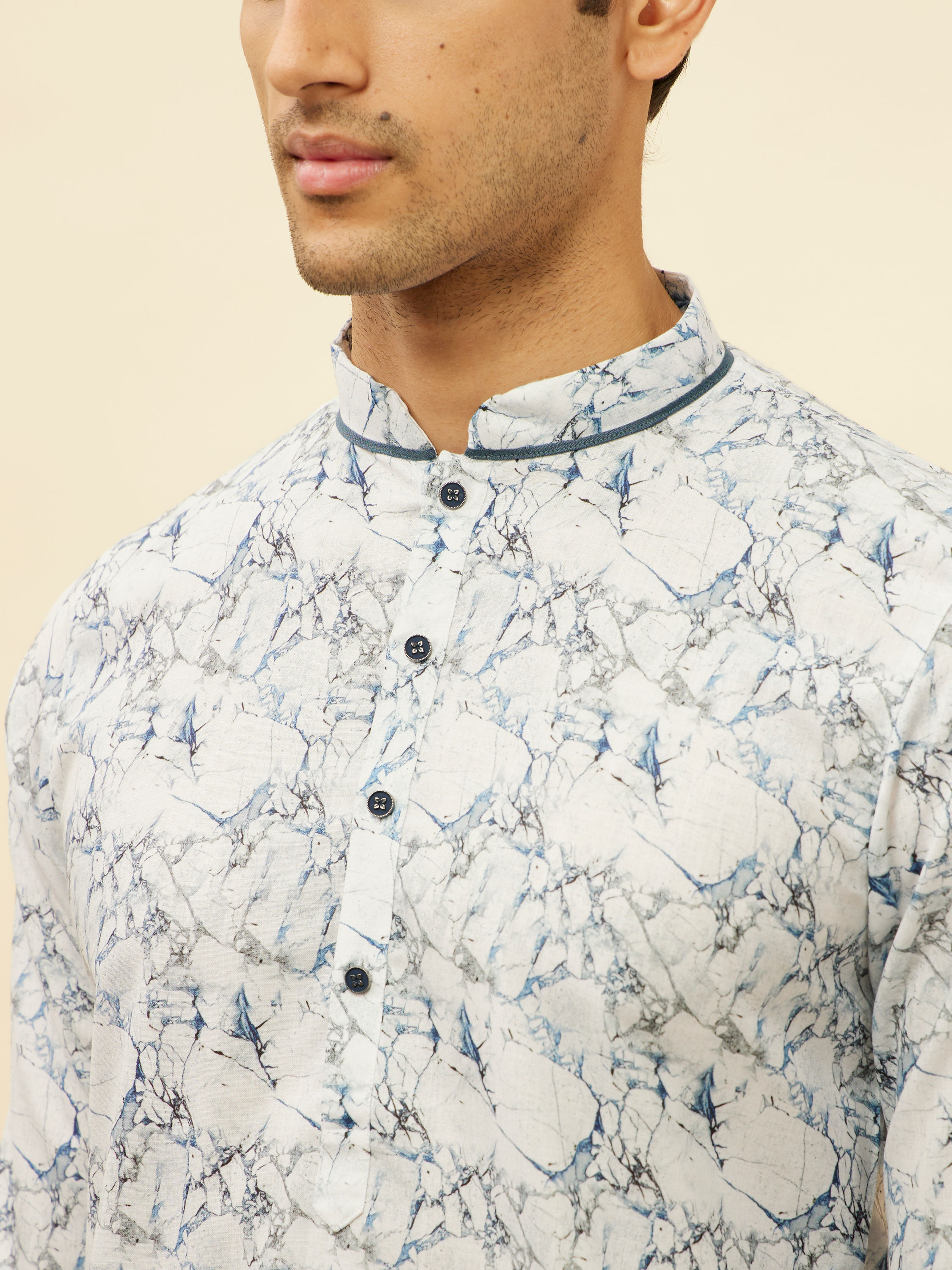 Manyavar Men Daisy White Marble Print Kurta Set