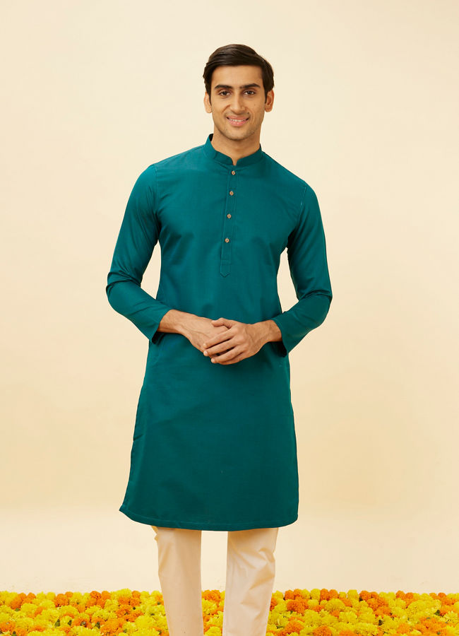 alt message - Manyavar Men Teal Green Classic Kurta Set image number 0