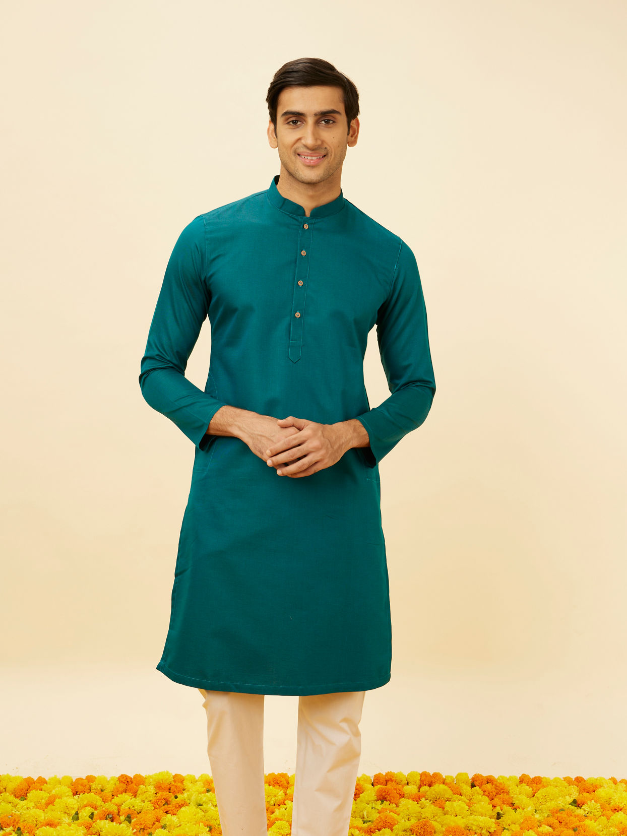 alt message - Manyavar Men Teal Green Classic Kurta Set image number 0