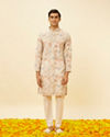 Manyavar Men Cream Beige Floral Printed Kurta Set
