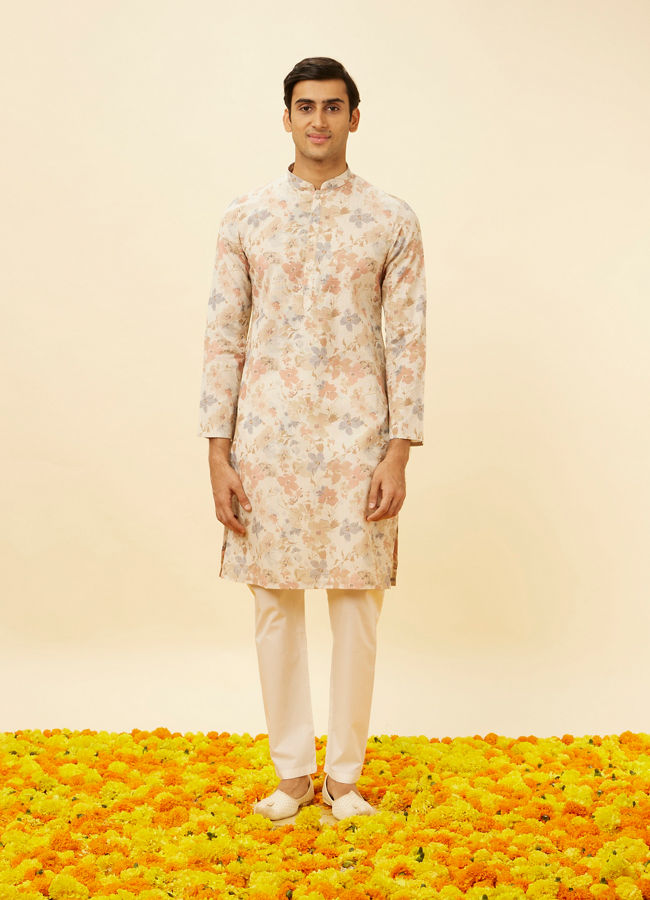 Manyavar Men Cream Beige Floral Printed Kurta Set