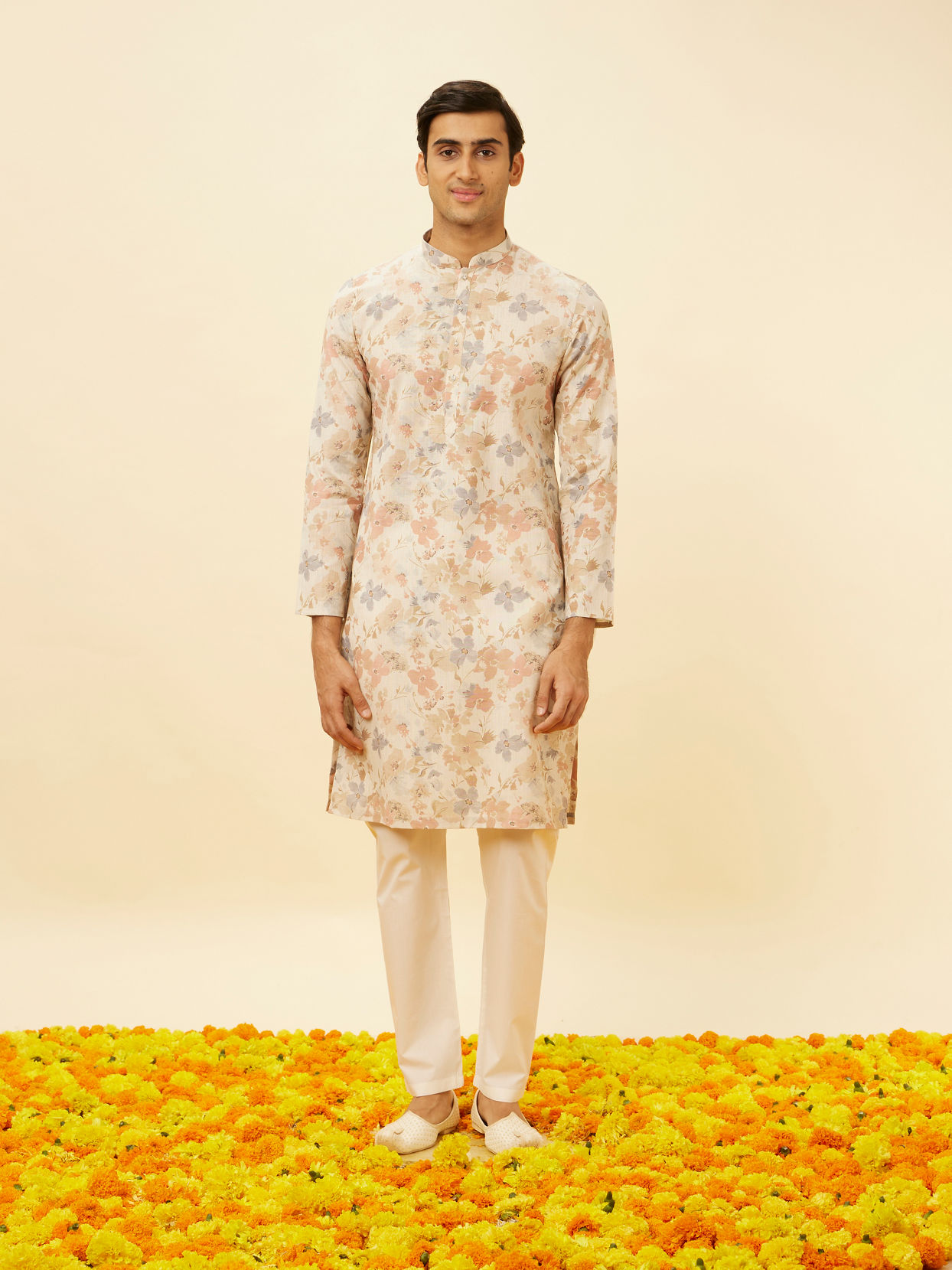 Manyavar Men Cream Beige Floral Printed Kurta Set
