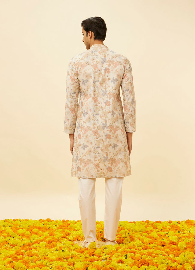 alt message - Manyavar Men Cream Beige Floral Printed Kurta Set image number 5