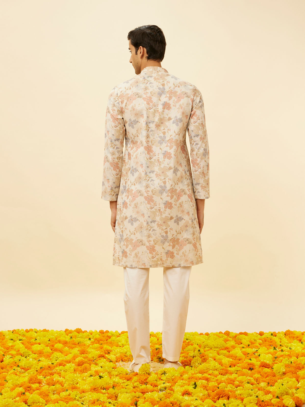 Manyavar Men Cream Beige Floral Printed Kurta Set
