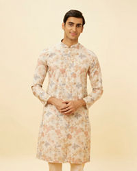 Manyavar Men Cream Beige Floral Printed Kurta Set