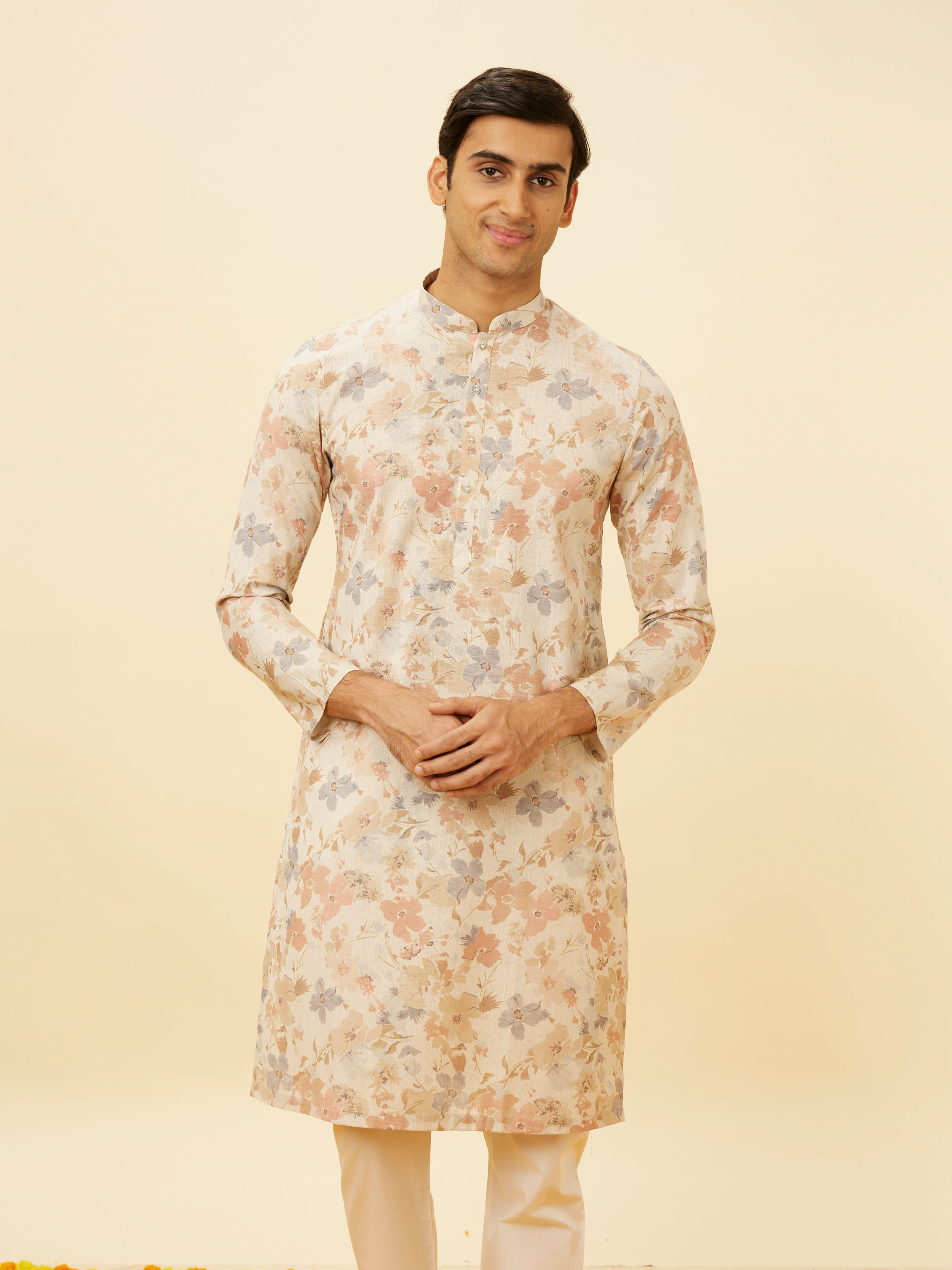 Manyavar Men Cream Beige Floral Printed Kurta Set
