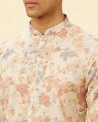 Manyavar Men Cream Beige Floral Printed Kurta Set