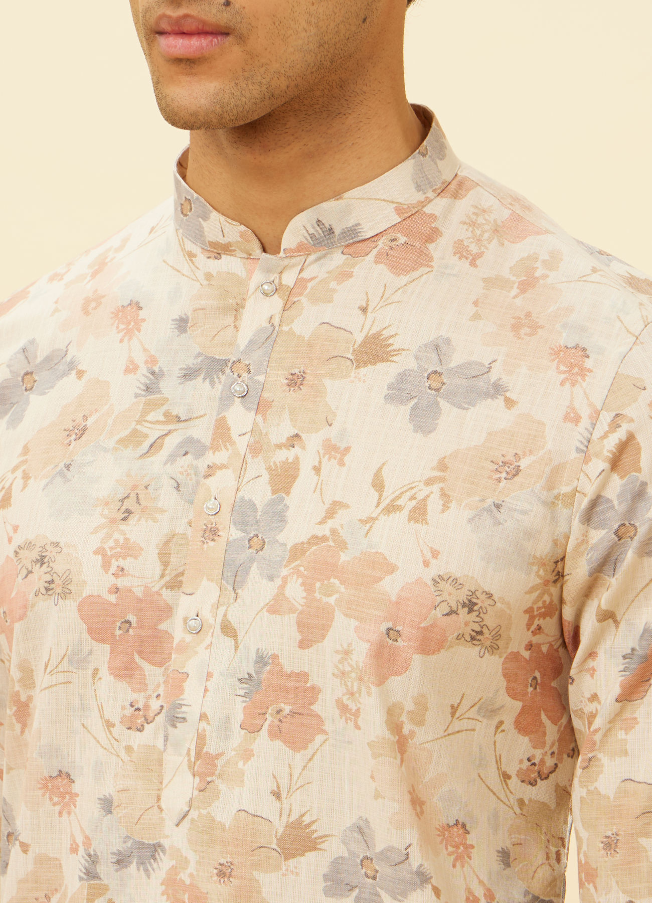 Manyavar Men Cream Beige Floral Printed Kurta Set