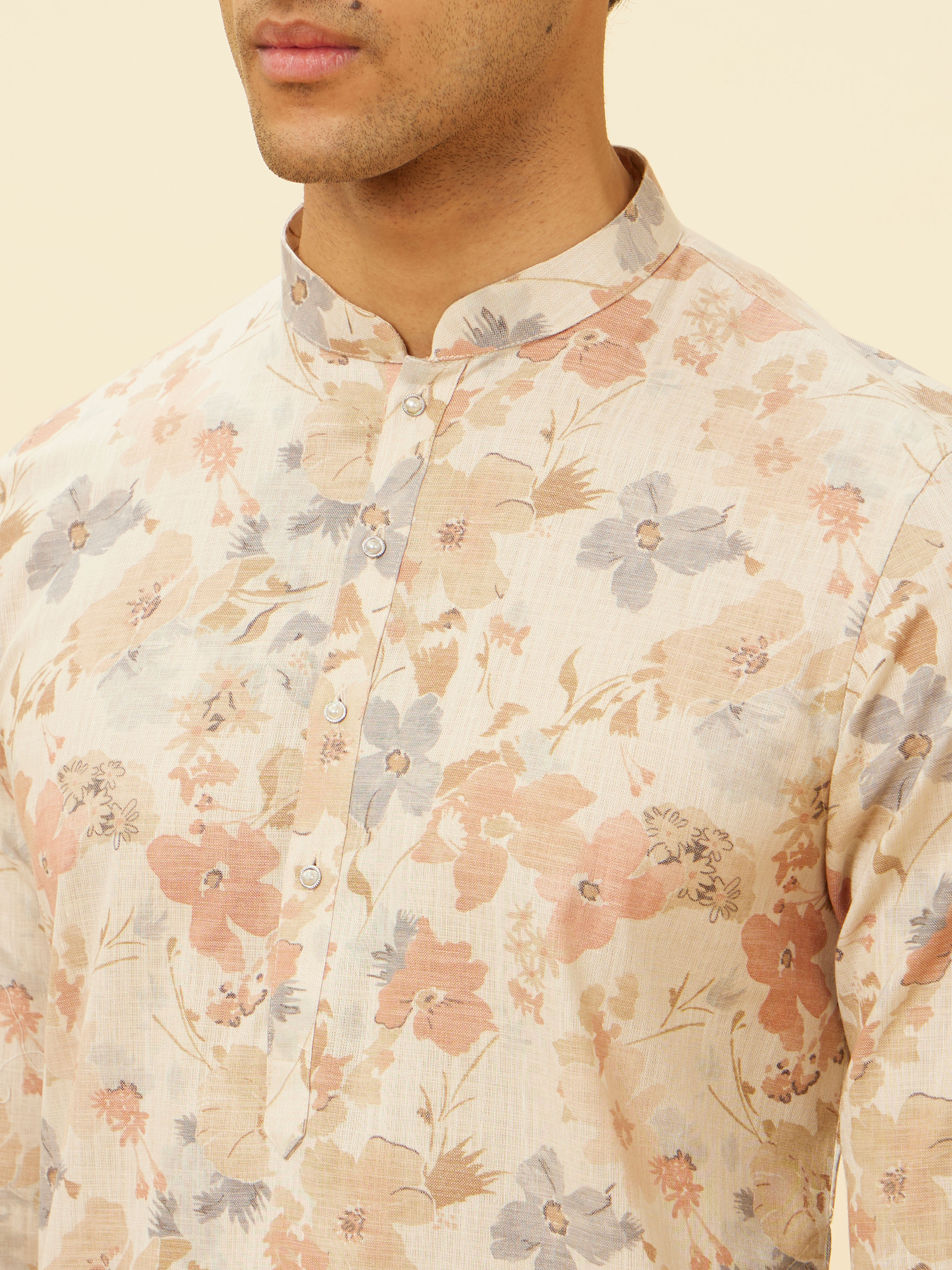 Manyavar Men Cream Beige Floral Printed Kurta Set