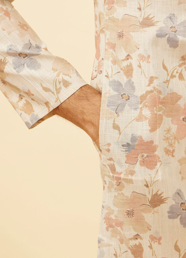 Manyavar Men Cream Beige Floral Printed Kurta Set