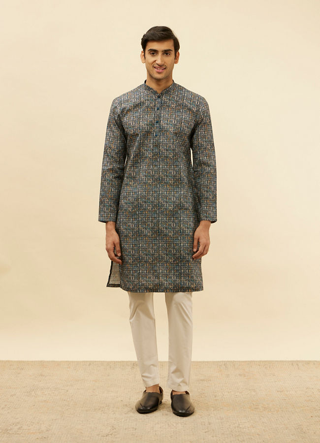 Manyavar Men Navy Blue Mandala Print Kurta Set