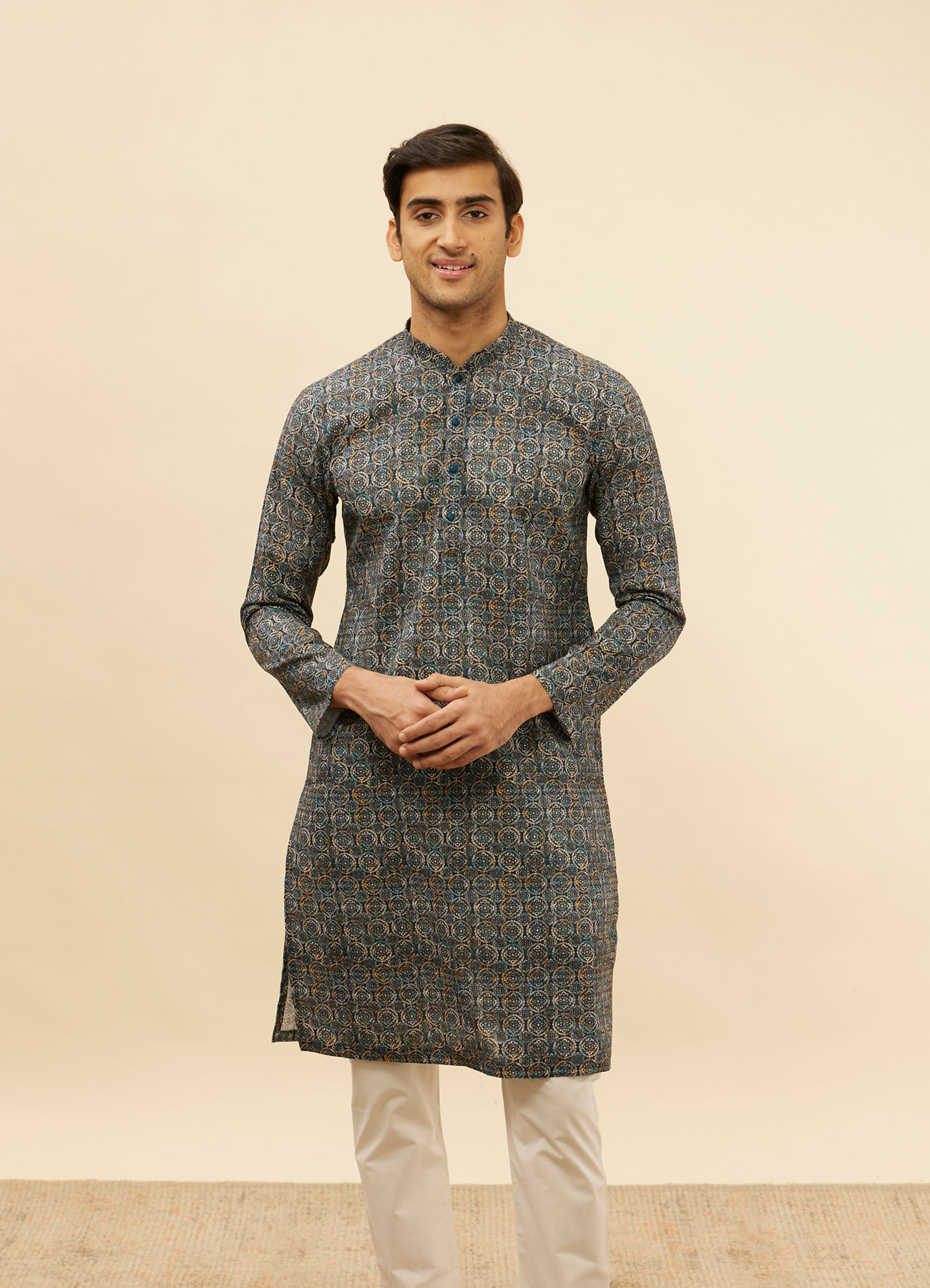 Manyavar Men Navy Blue Mandala Print Kurta Set