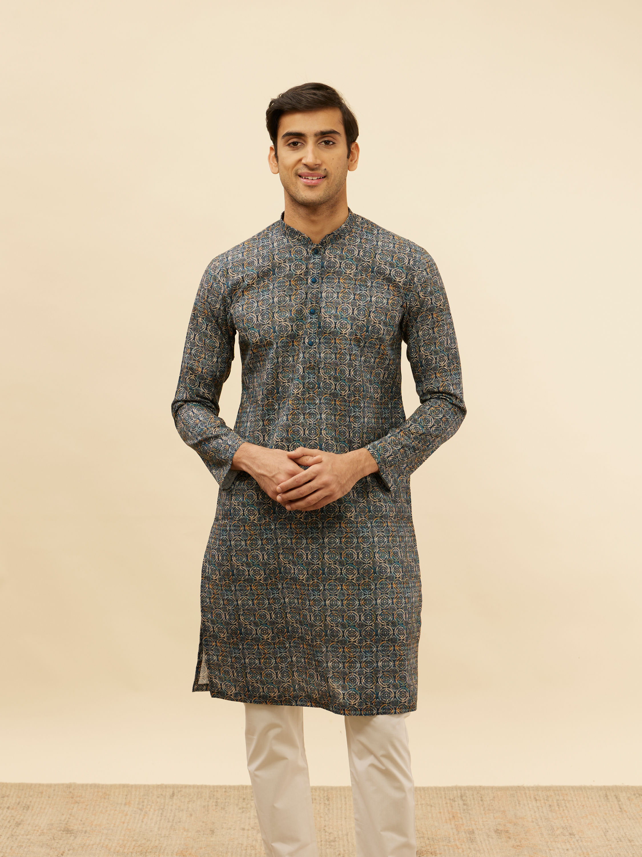 Manyavar Men Navy Blue Mandala Print Kurta Set