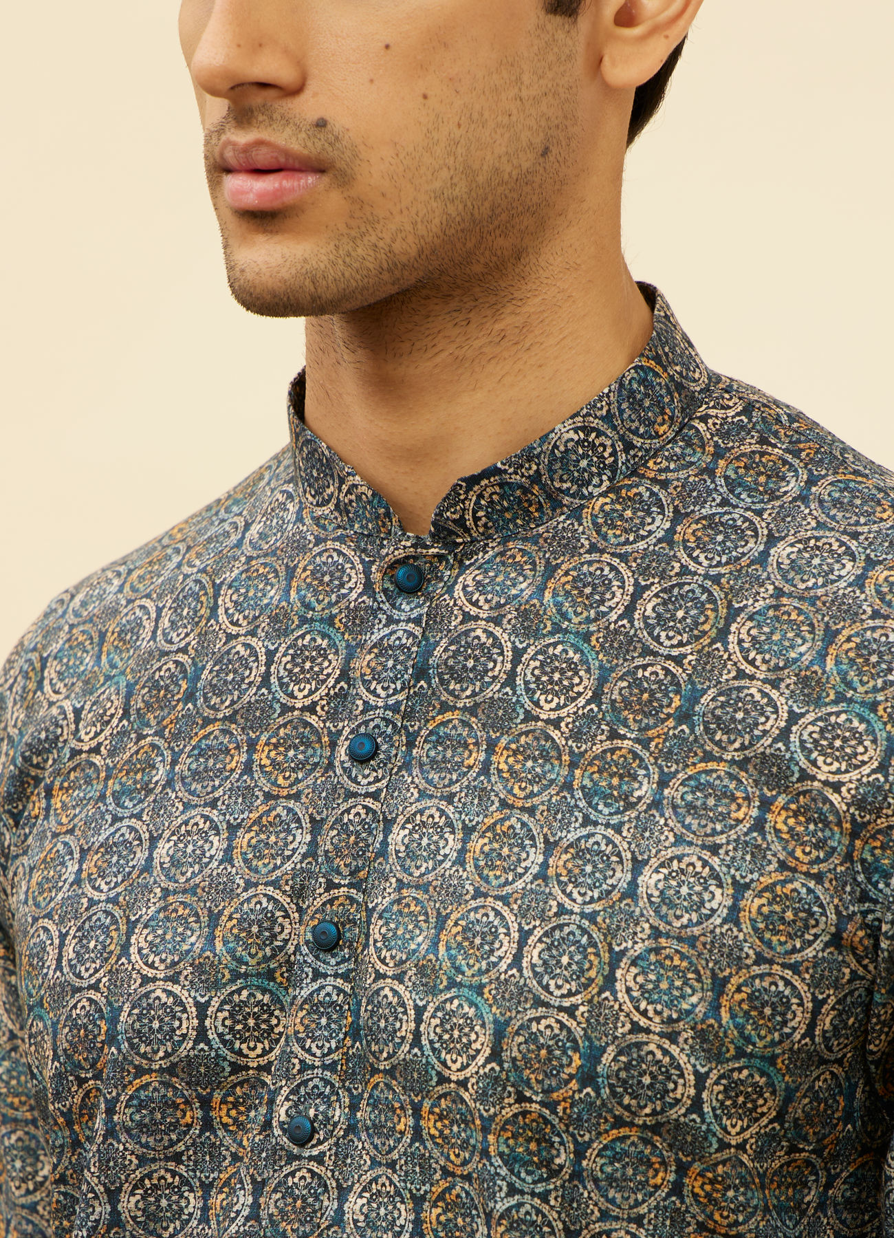 Manyavar Men Navy Blue Mandala Print Kurta Set