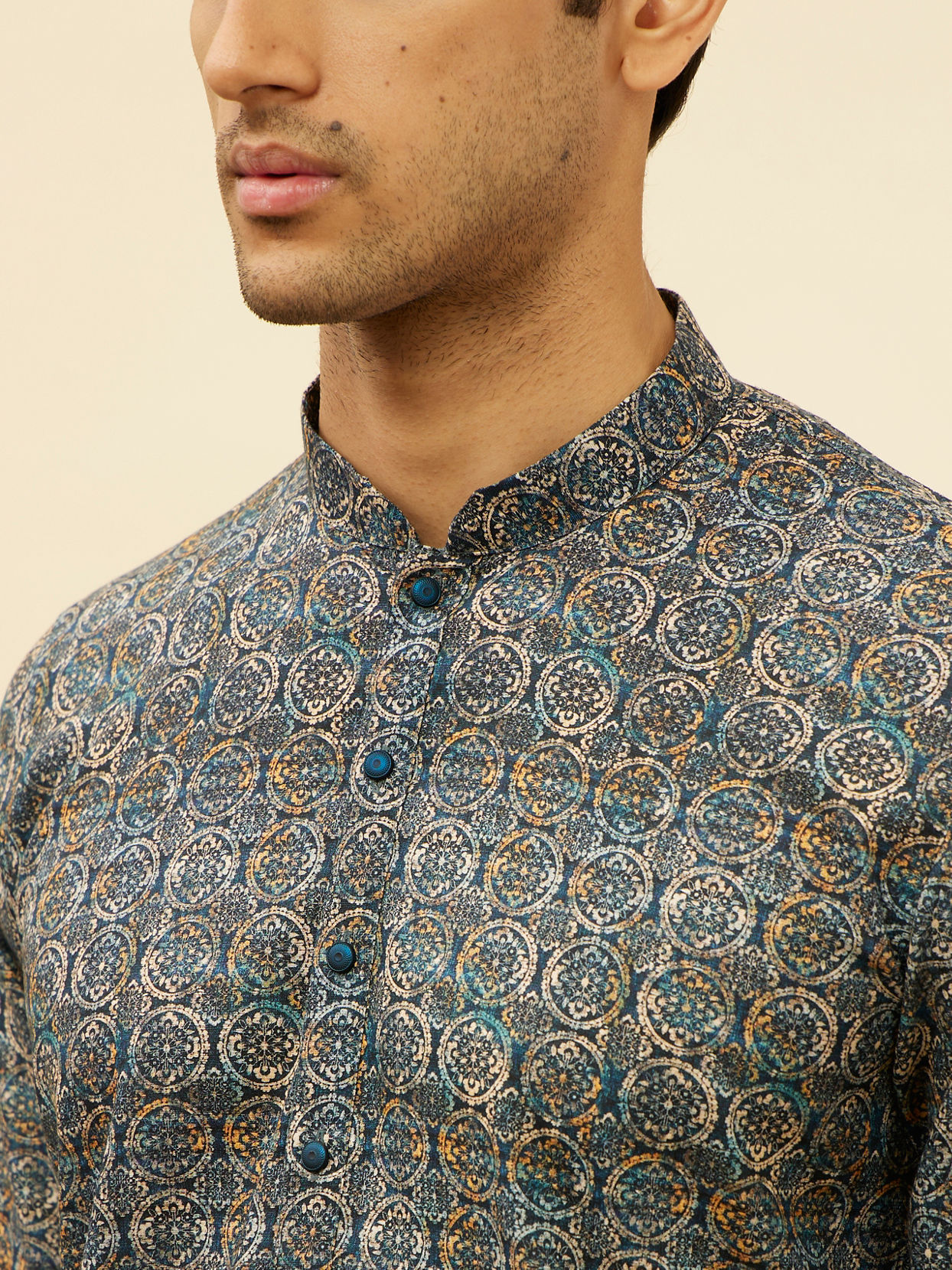 Manyavar Men Navy Blue Mandala Print Kurta Set