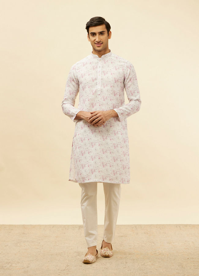 Manyavar Men Soft White Floral Print Kurta Set