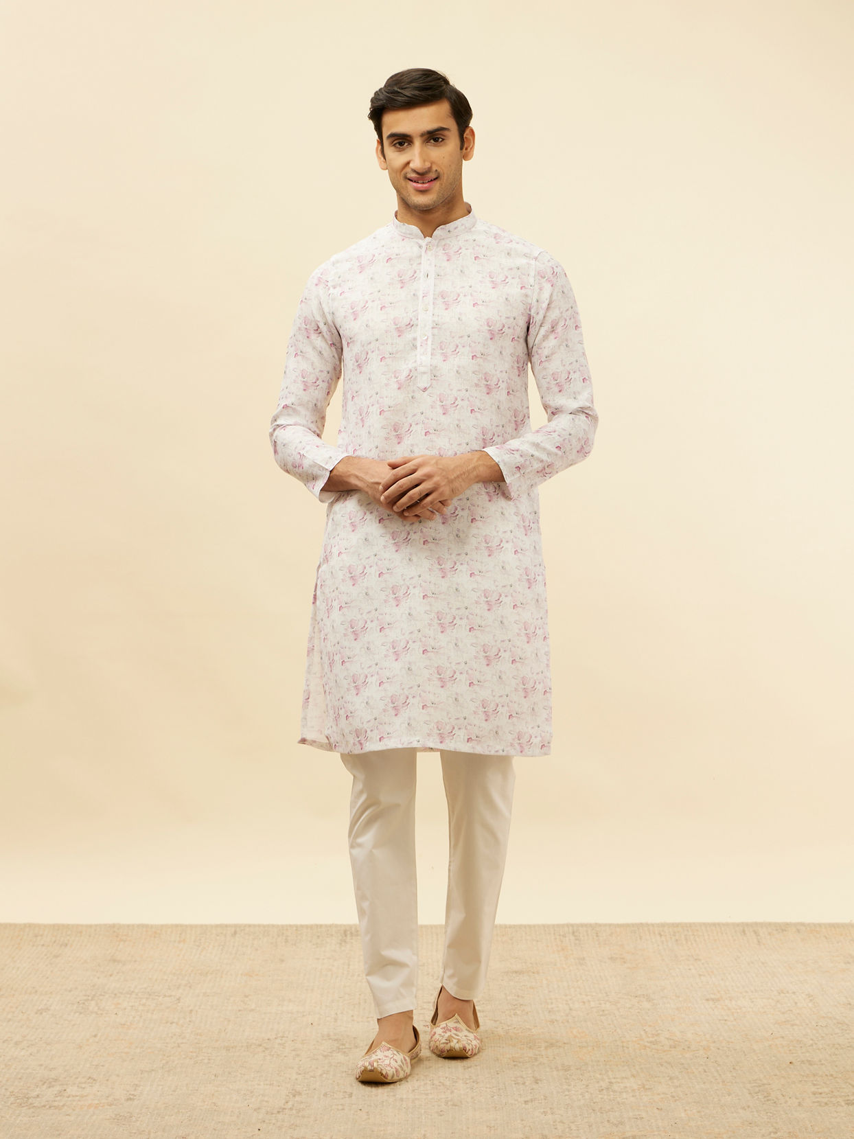 Manyavar Men Soft White Floral Print Kurta Set