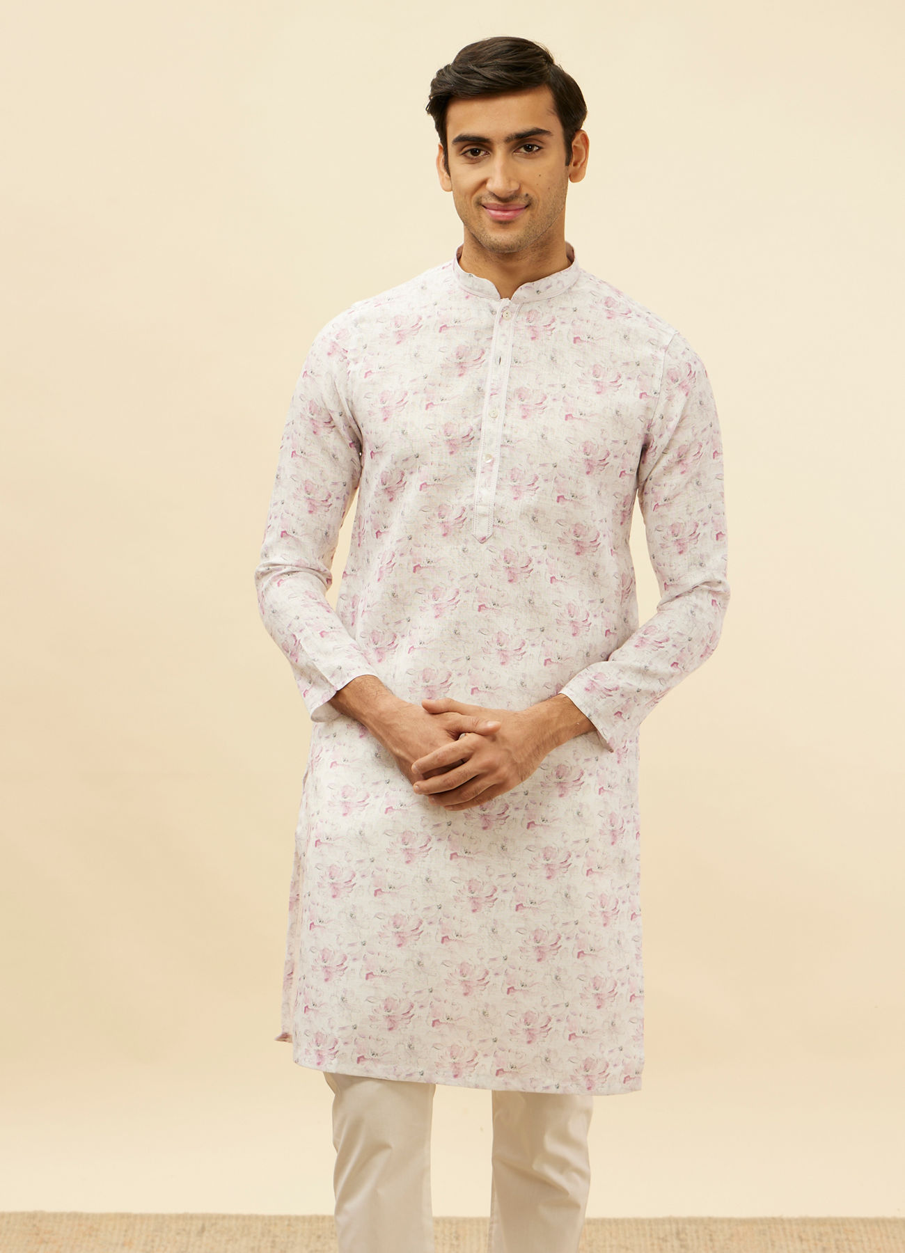 Manyavar Men Soft White Floral Print Kurta Set