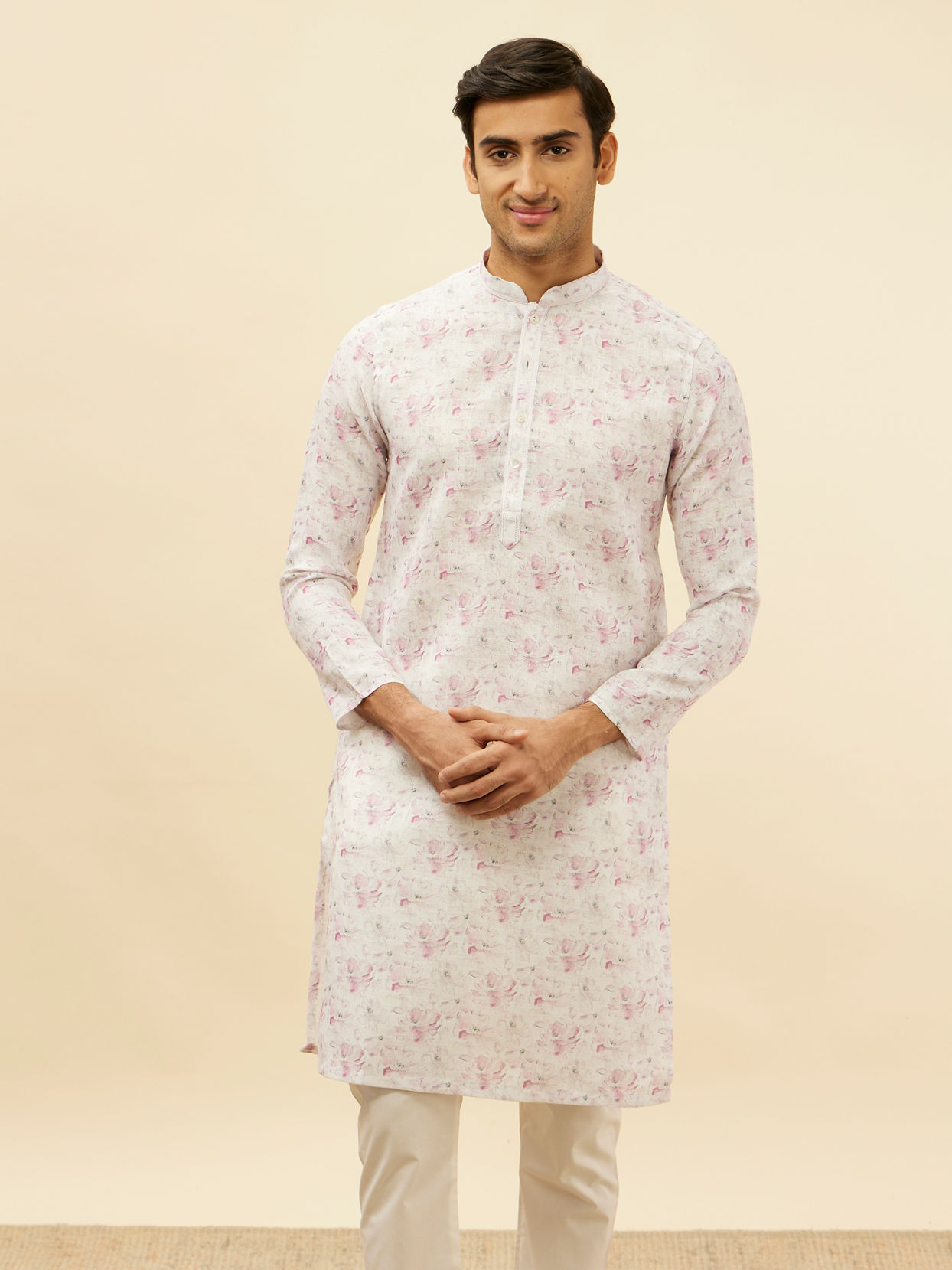 Manyavar Men Soft White Floral Print Kurta Set
