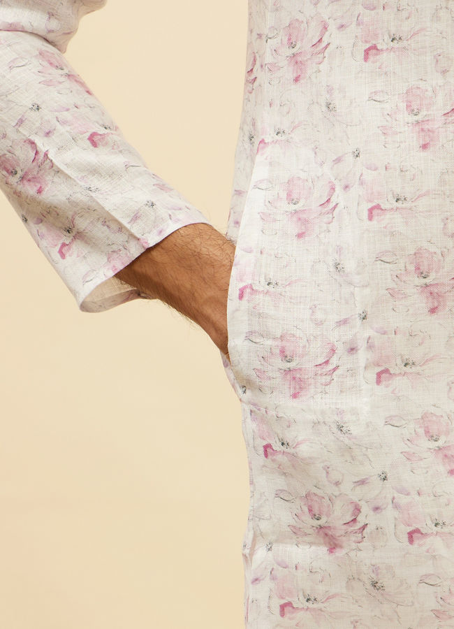 Manyavar Men Soft White Floral Print Kurta Set