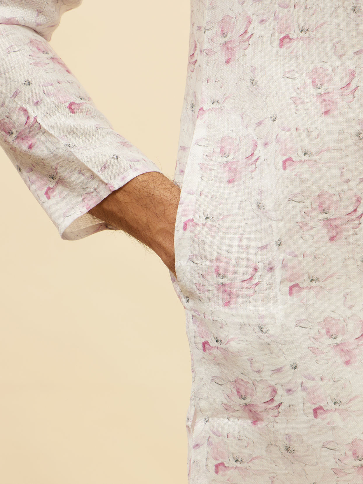 Manyavar Men Soft White Floral Print Kurta Set