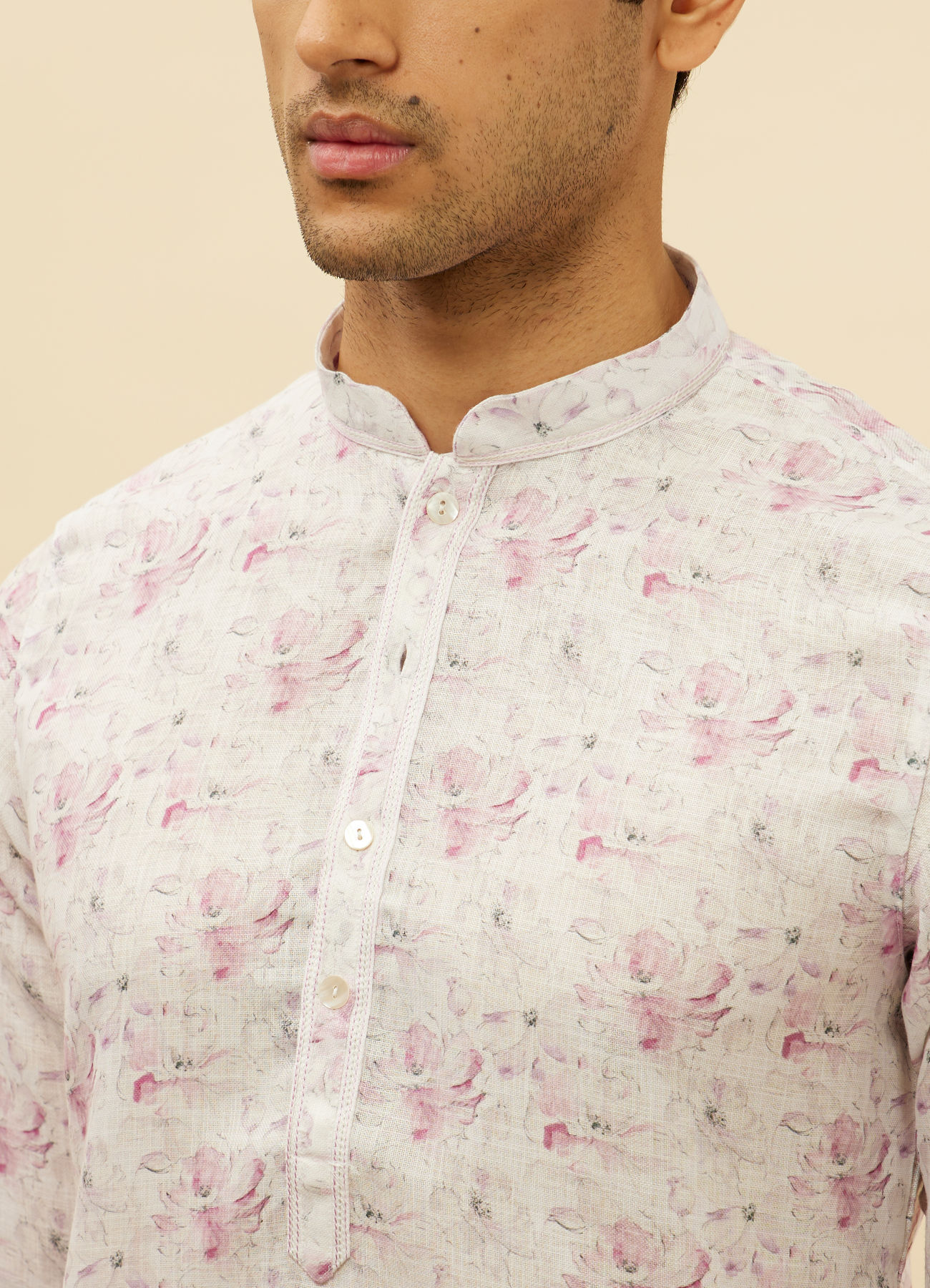 Manyavar Men Soft White Floral Print Kurta Set