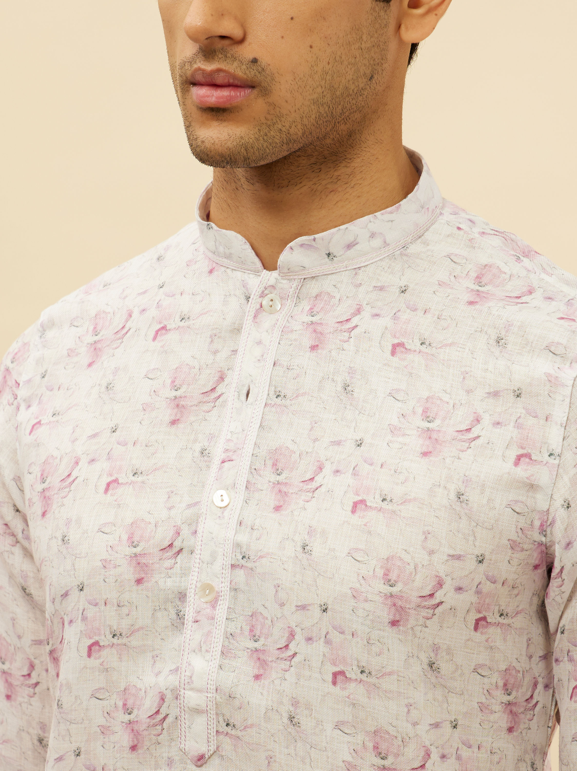 Manyavar Men Soft White Floral Print Kurta Set