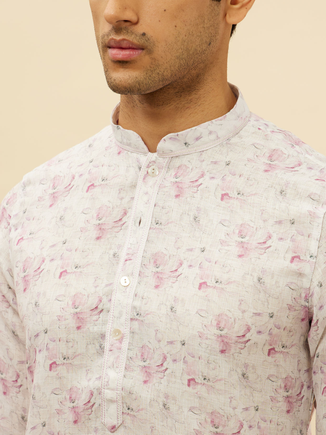 Manyavar Men Soft White Floral Print Kurta Set