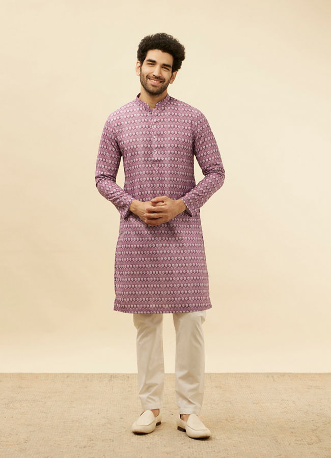 Manyavar Men Lilac Floral Print Kurta Set