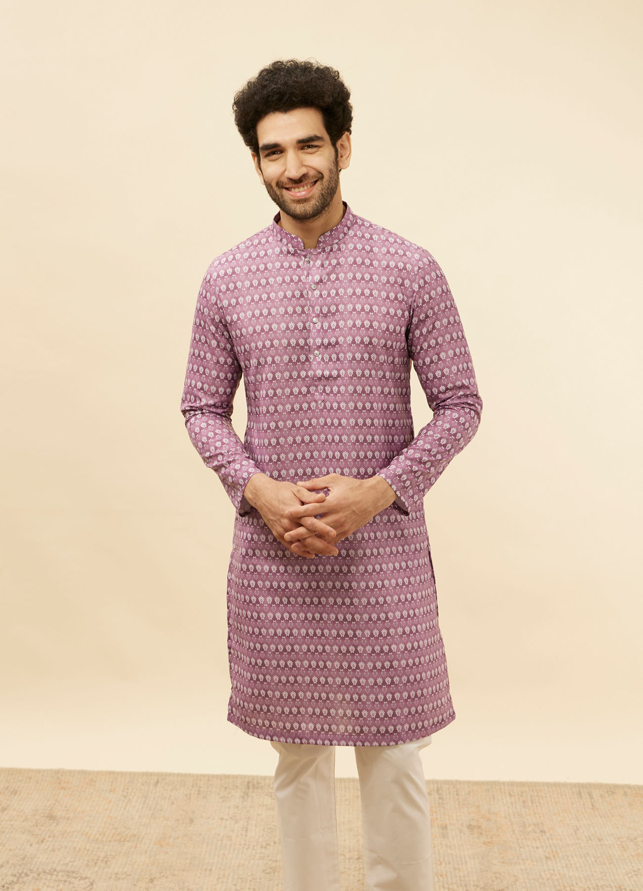 Manyavar Men Lilac Floral Print Kurta Set