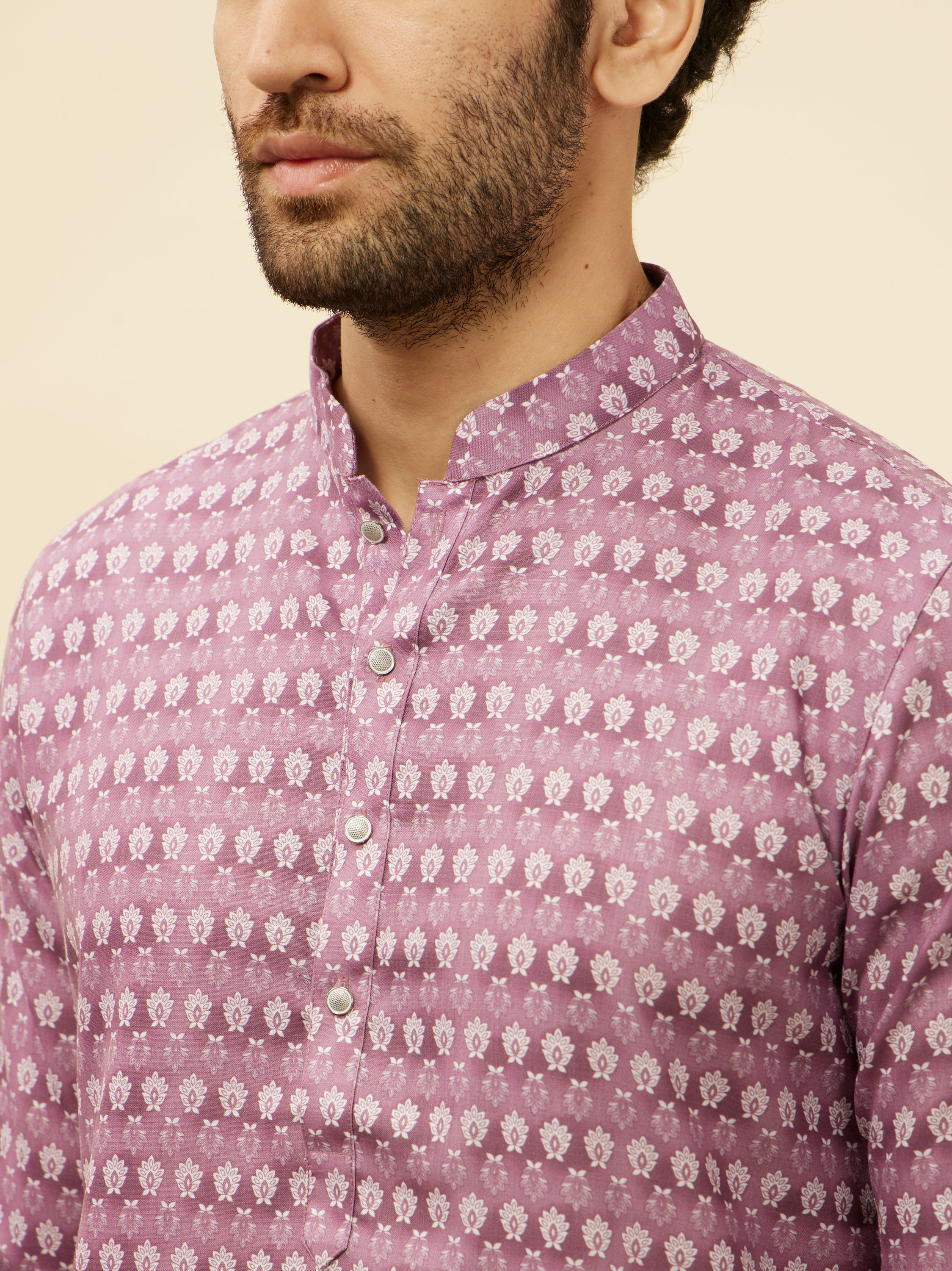 Manyavar Men Lilac Floral Print Kurta Set