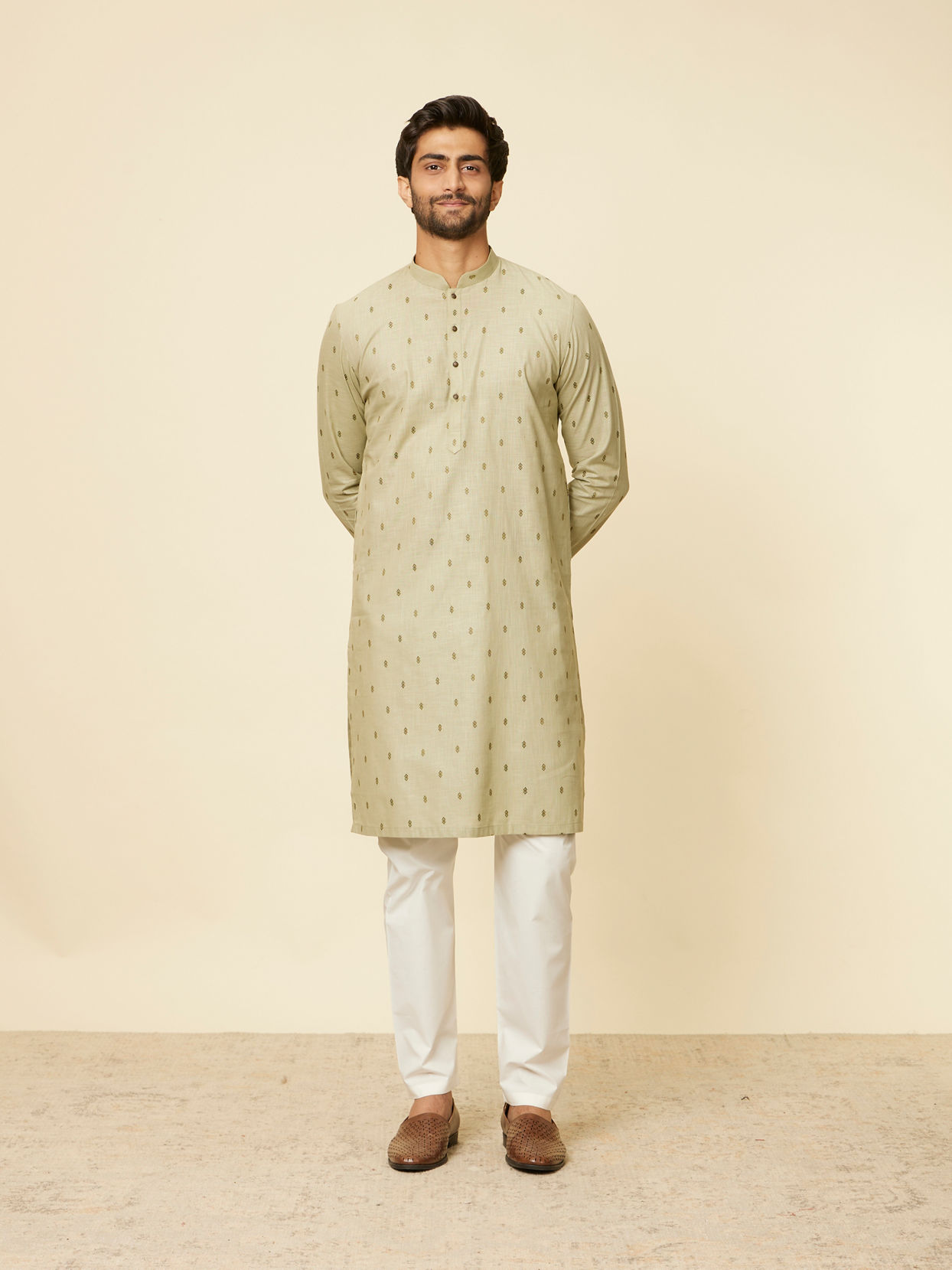 Manyavar Men Light Mid Green Floral Printed Kurta Set