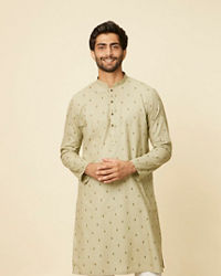 Manyavar Men Light Mid Green Floral Printed Kurta Set