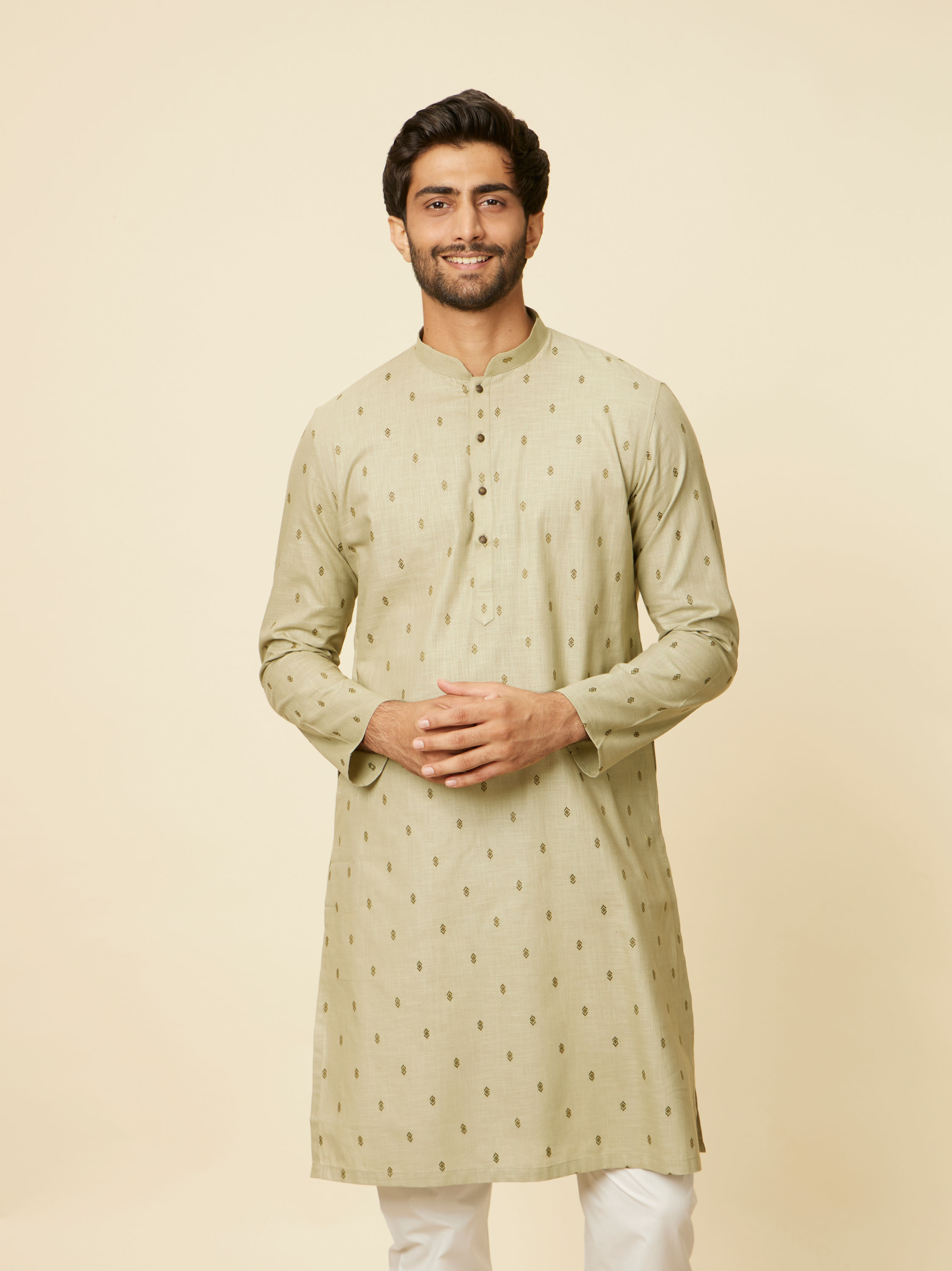 Manyavar Men Light Mid Green Floral Printed Kurta Set
