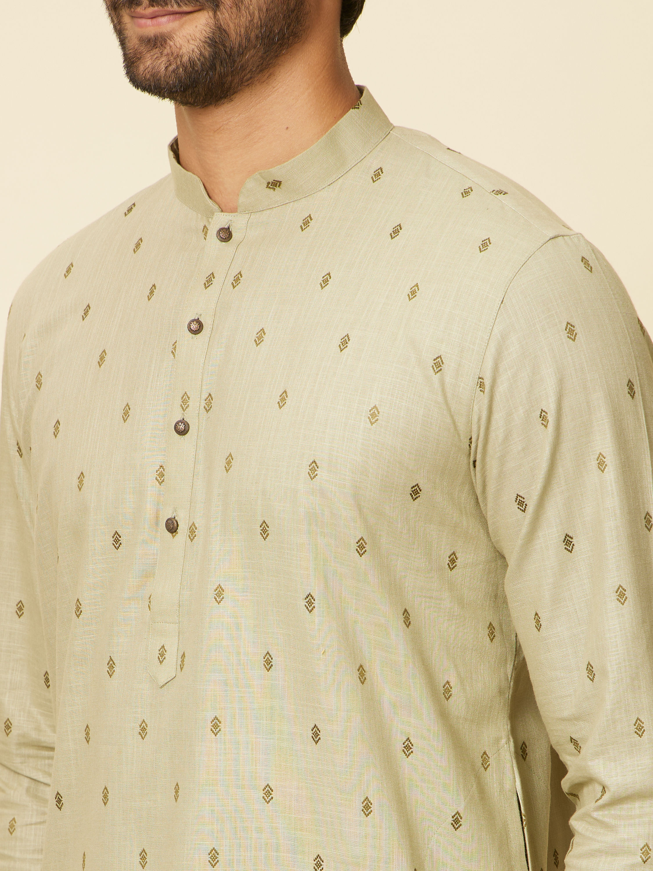 Manyavar Men Light Mid Green Floral Printed Kurta Set