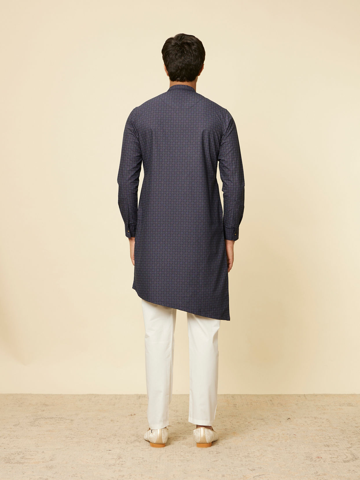 Manyavar Men Midnight Blue Grid Patterned Kurta Set