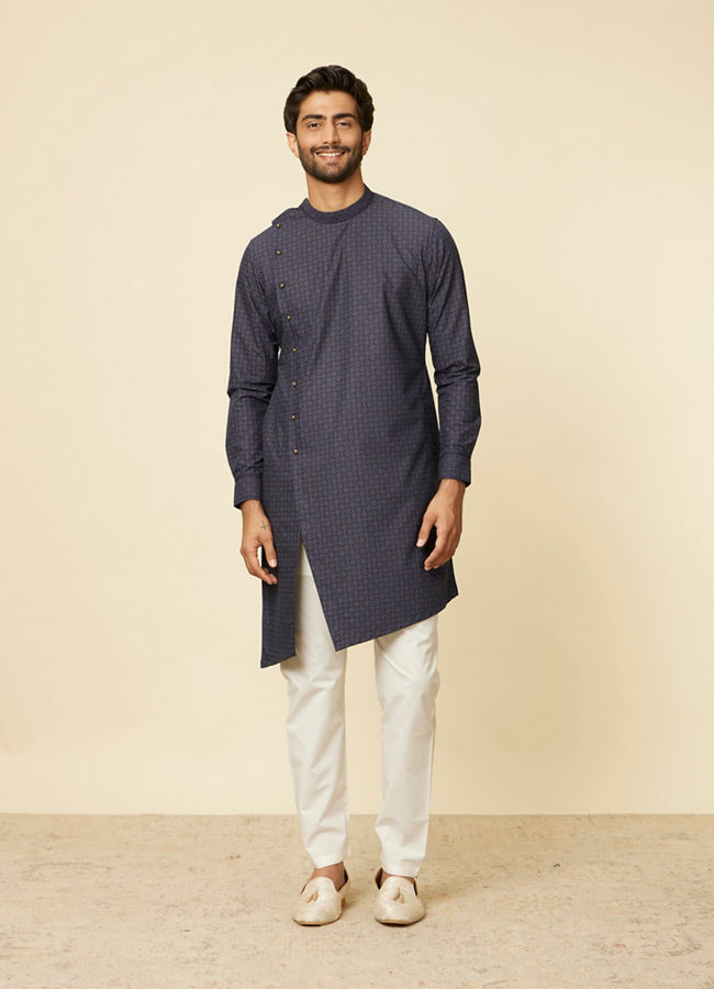 Manyavar Men Midnight Blue Grid Patterned Kurta Set