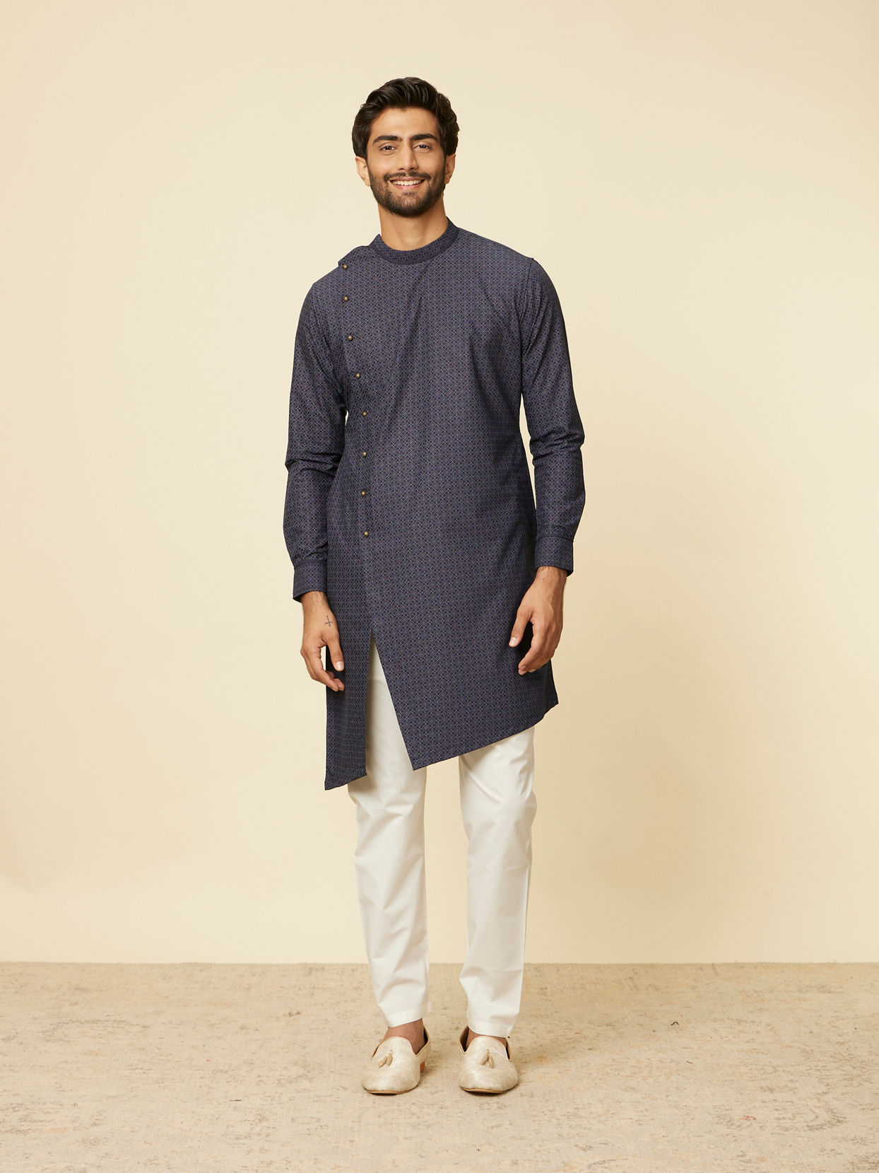 Manyavar Men Midnight Blue Grid Patterned Kurta Set