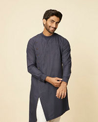 Manyavar Men Midnight Blue Grid Patterned Kurta Set